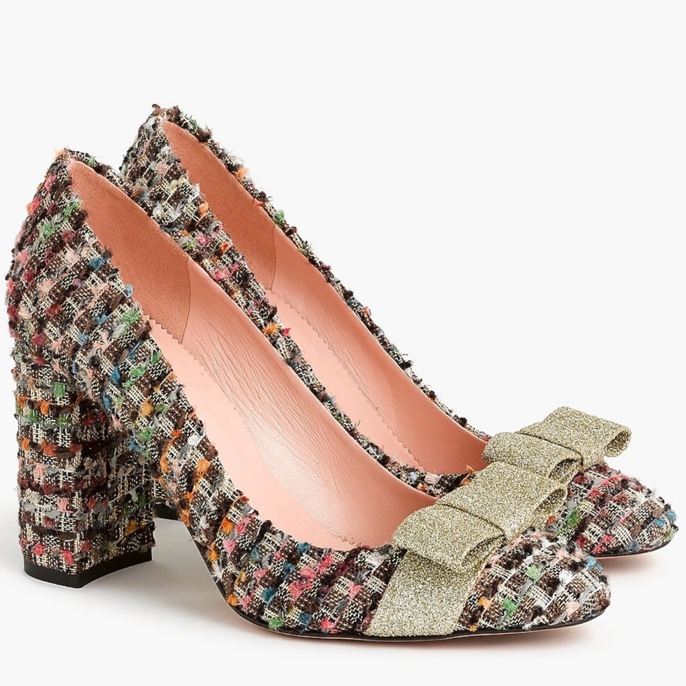 J. Crew Multicolor Tweed Block Heels with Gold Glitter Bow Women’s Size: 8.5